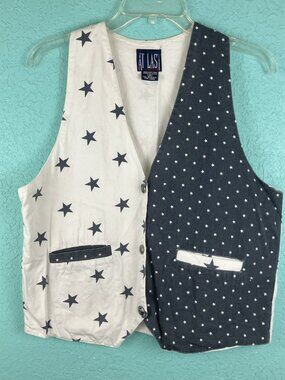 Vintage AT LAST Jean Vest Size M Blue White Stars Metal Buttons Factory Faded